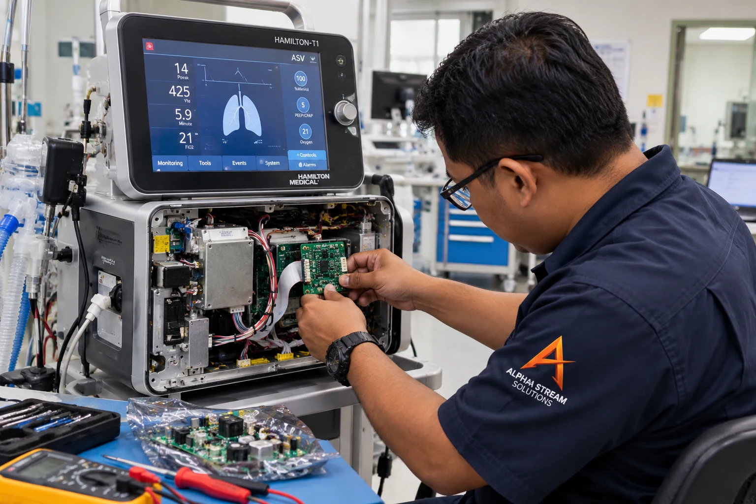 Technician replacing a sensor board inside a Hamilton T1 ventilator